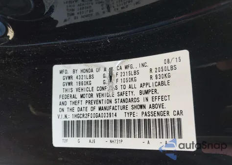2016 Honda Accord Ex z USA, uszkodzony, nr VIN 1HGCR2F00GA003914